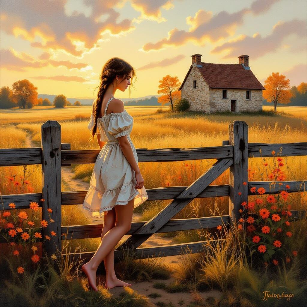 Painterly Realism Oil Painting of Autumn Countryside Scene