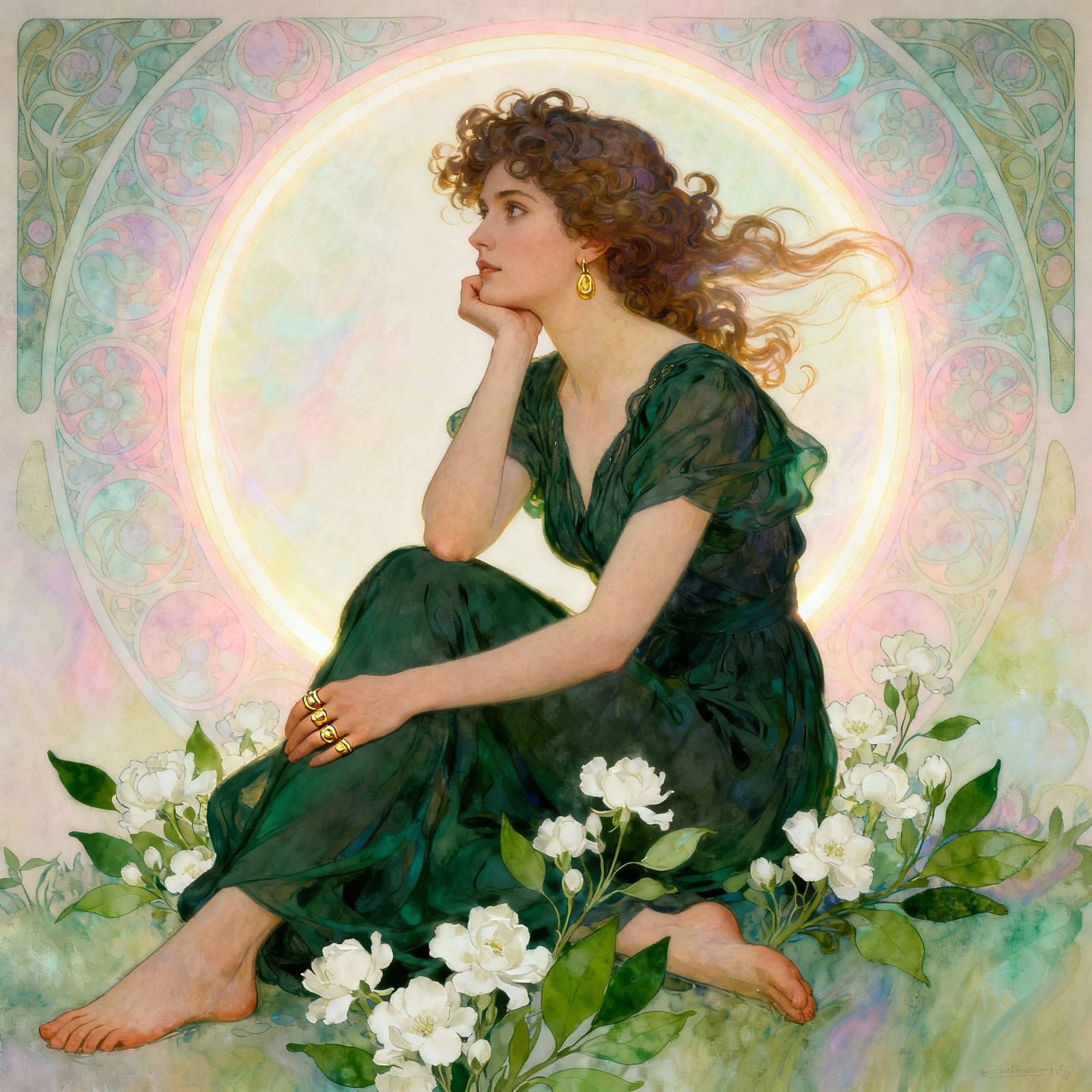 Art Nouveau Portrait of Woman in White Flowers
