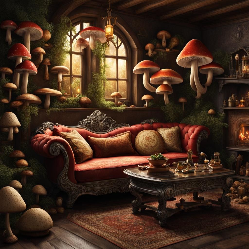 Intricate Alchemist's House with Glowing Mushrooms