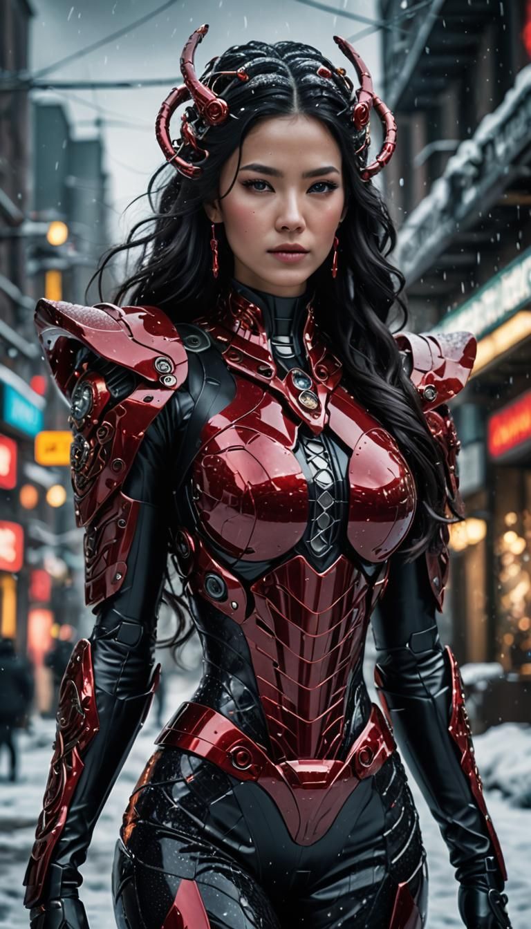 Biomechanical Snow Goddess in Ruby Dress