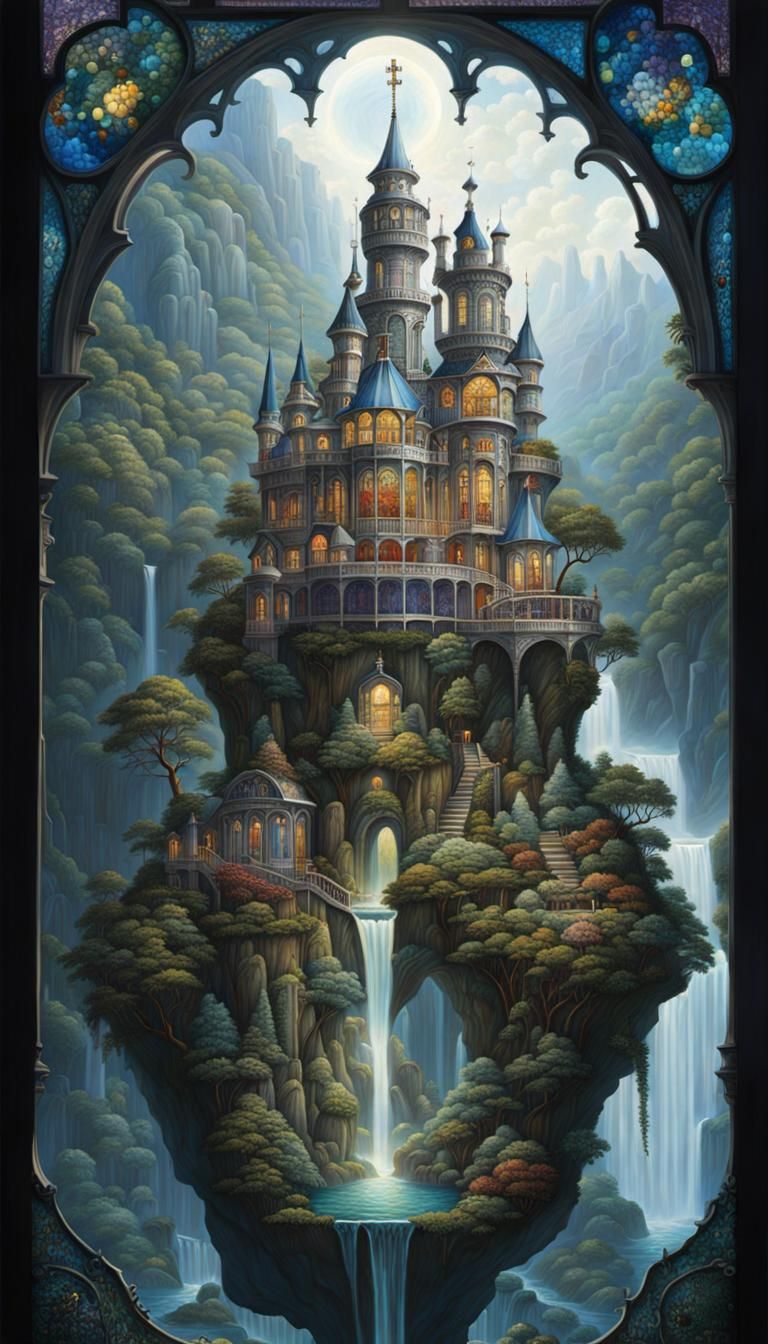 Magic Castle on Floating Island, Surreal Rococo Art