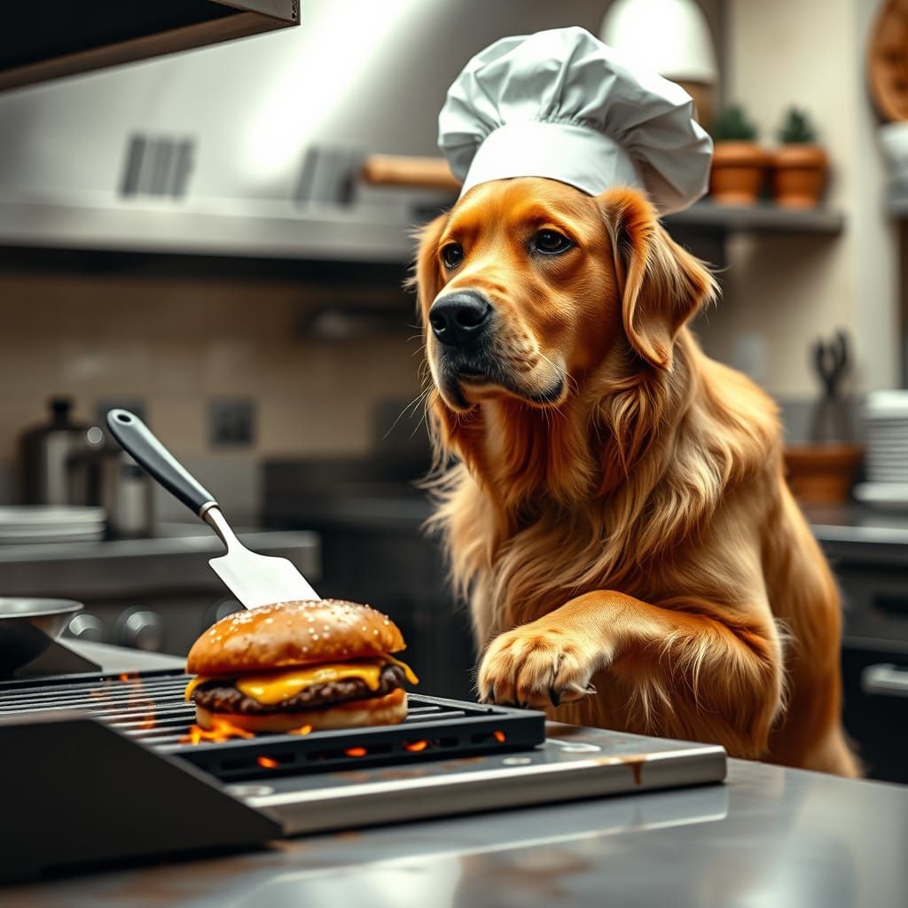 Golden Retriever Chef Flips Gourmet Burger