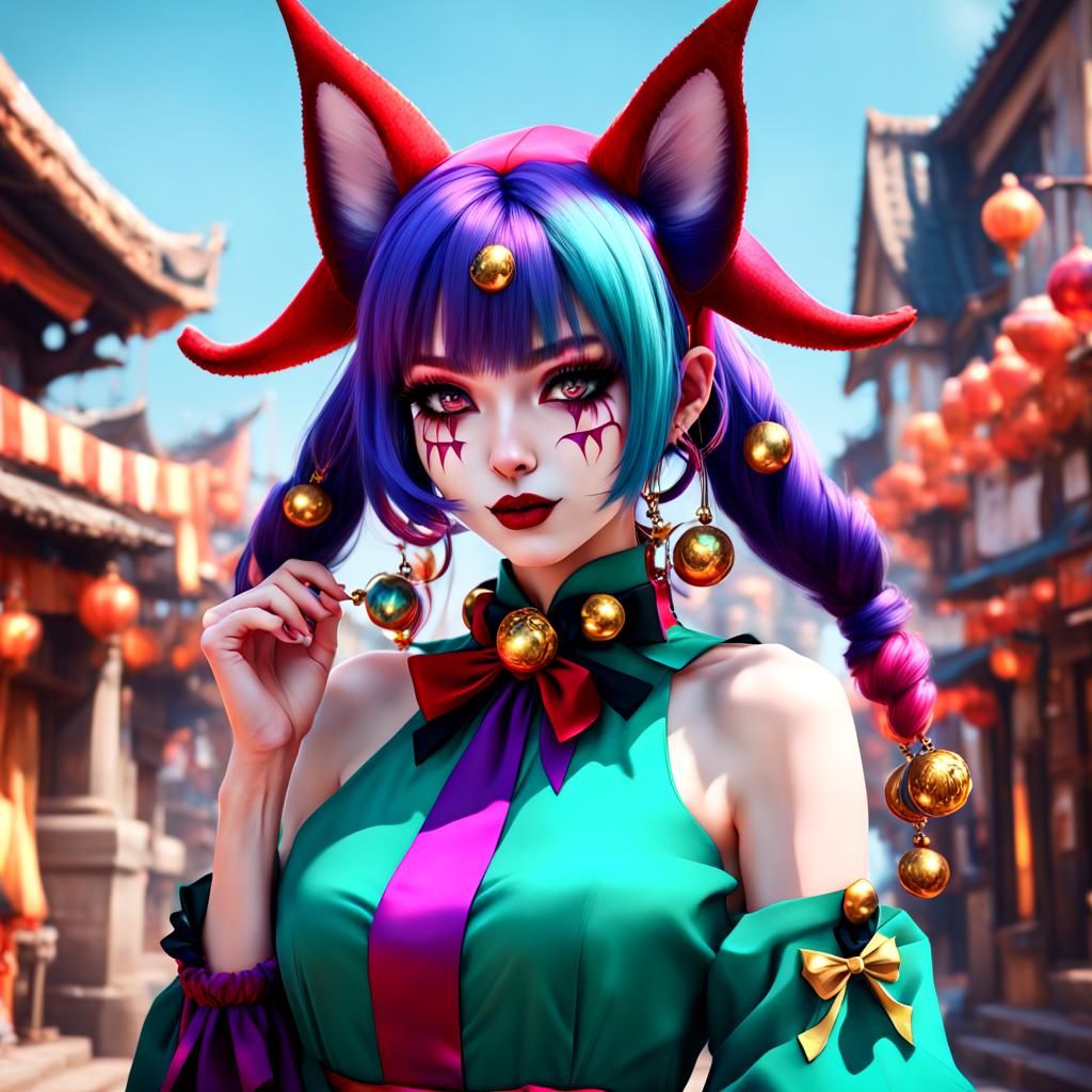 Evil Kawaii Jester Neko Girl in 8K