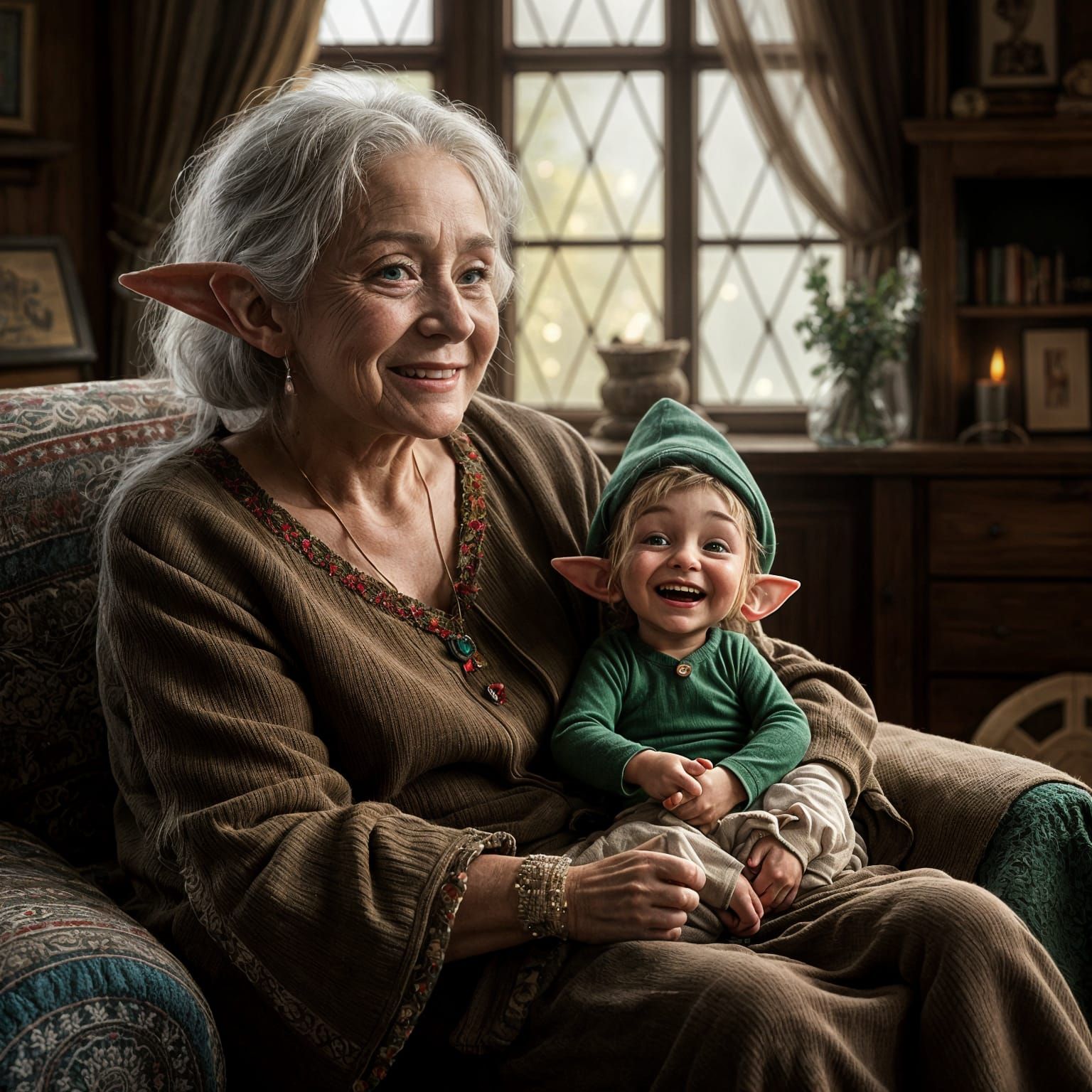 Hyperrealistic Elf Woman with Laughing Child
