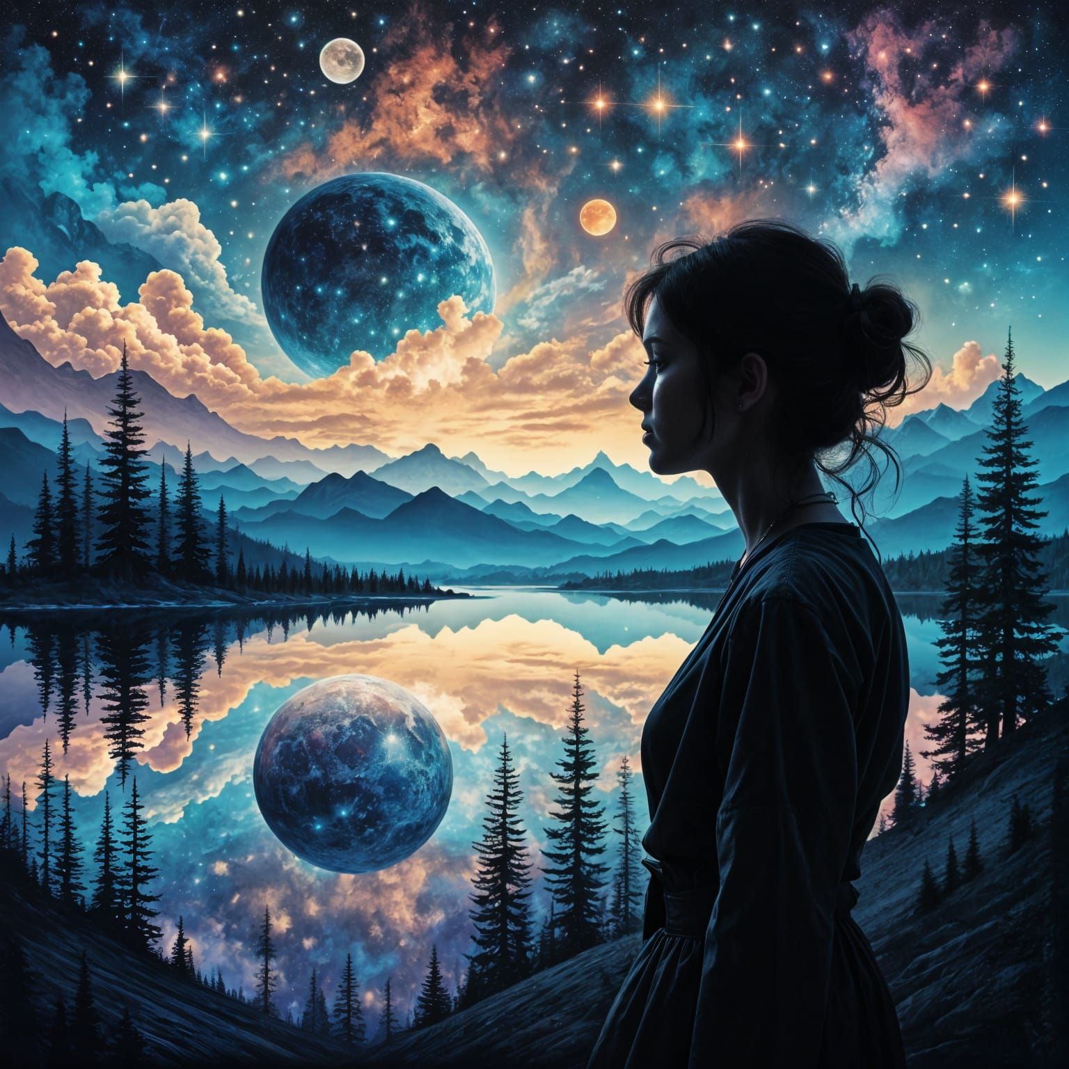 Woman's Silhouette Reflecting Alien Planet With Double Expos...