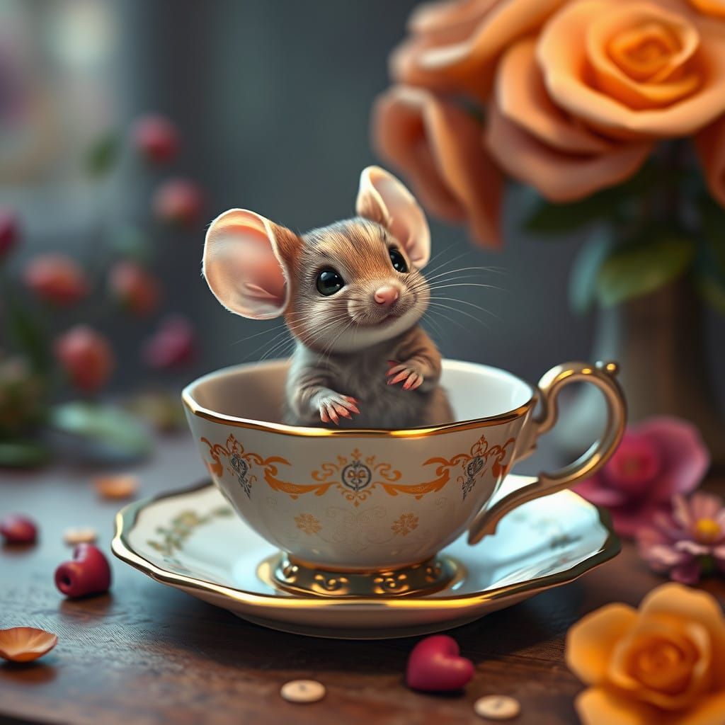 Whimsical Mouse in Delicate Tea Cup Scene