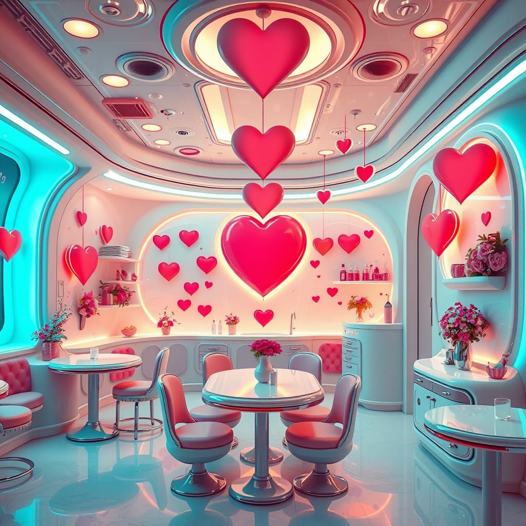 Whimsical Heart-Themed Café in a Fantastical World