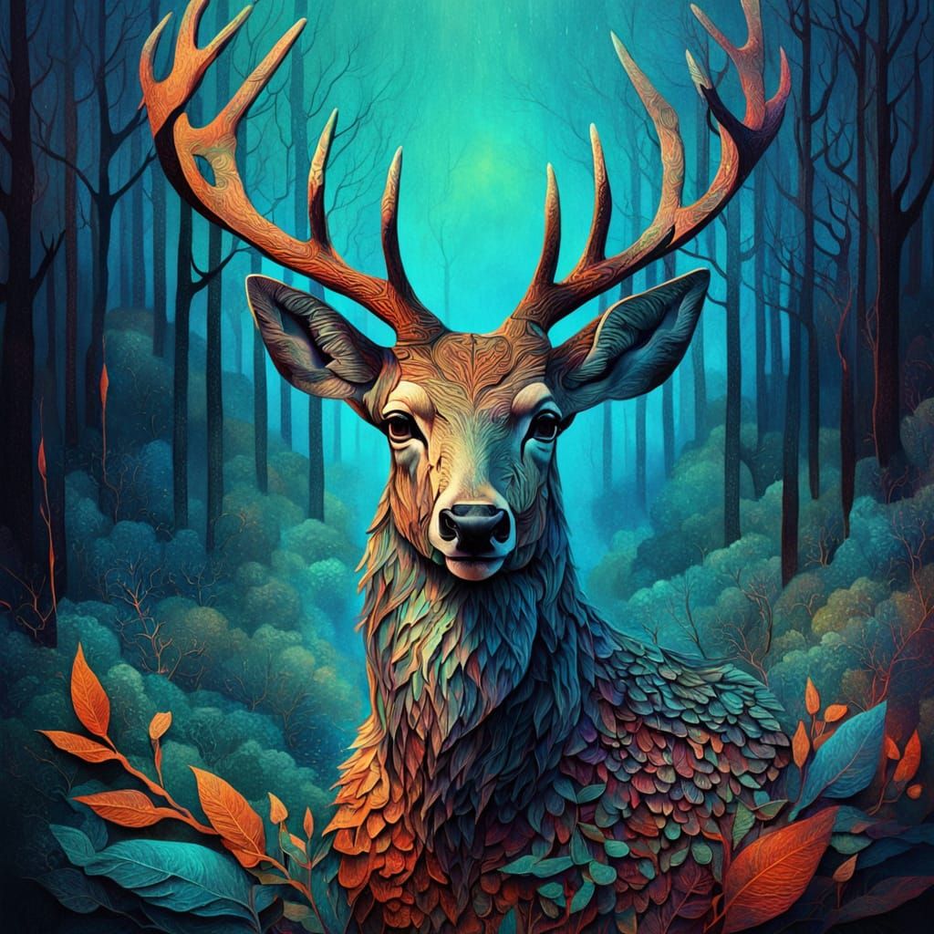 Mystical Deer in Surreal Mixed Media Collage