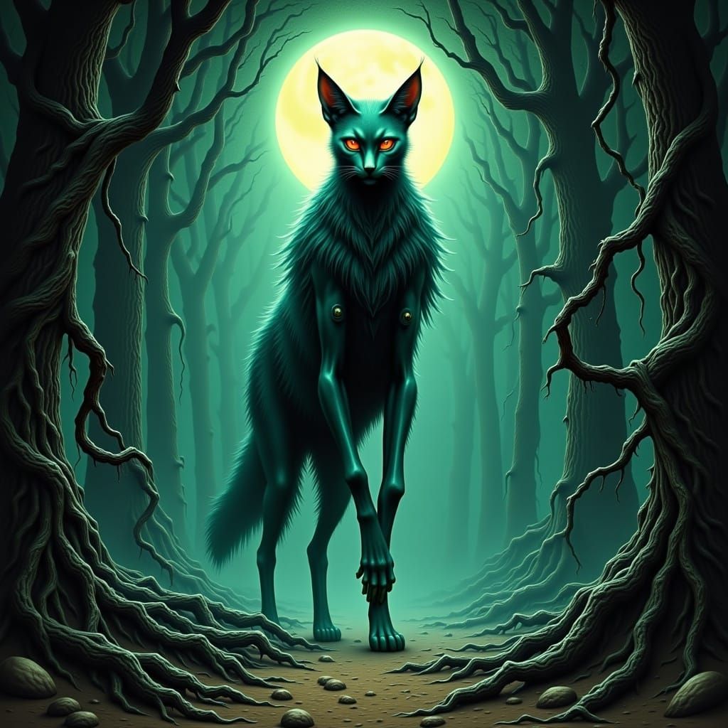 Mystical Werecat in Moonlit Forest, Digital Art