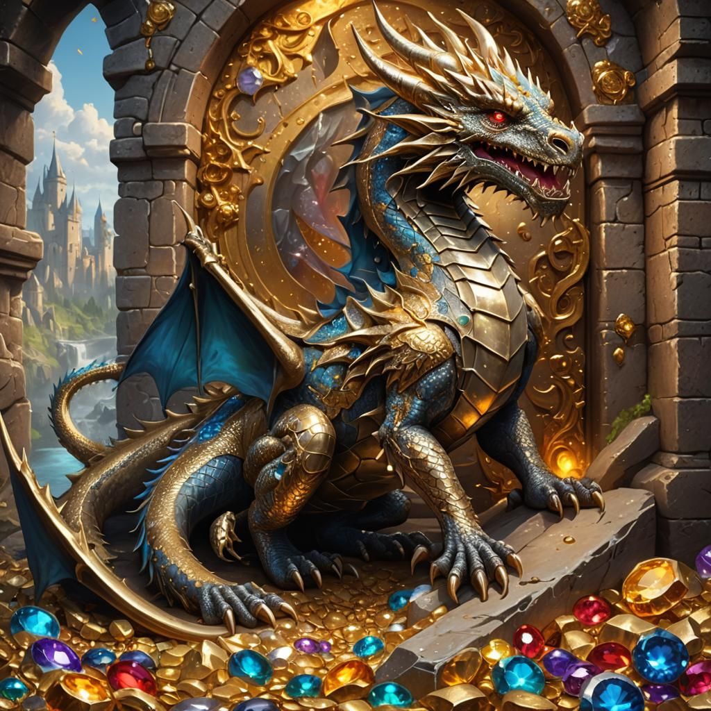 Majestic Dragon Guarding Medieval Treasure Vault