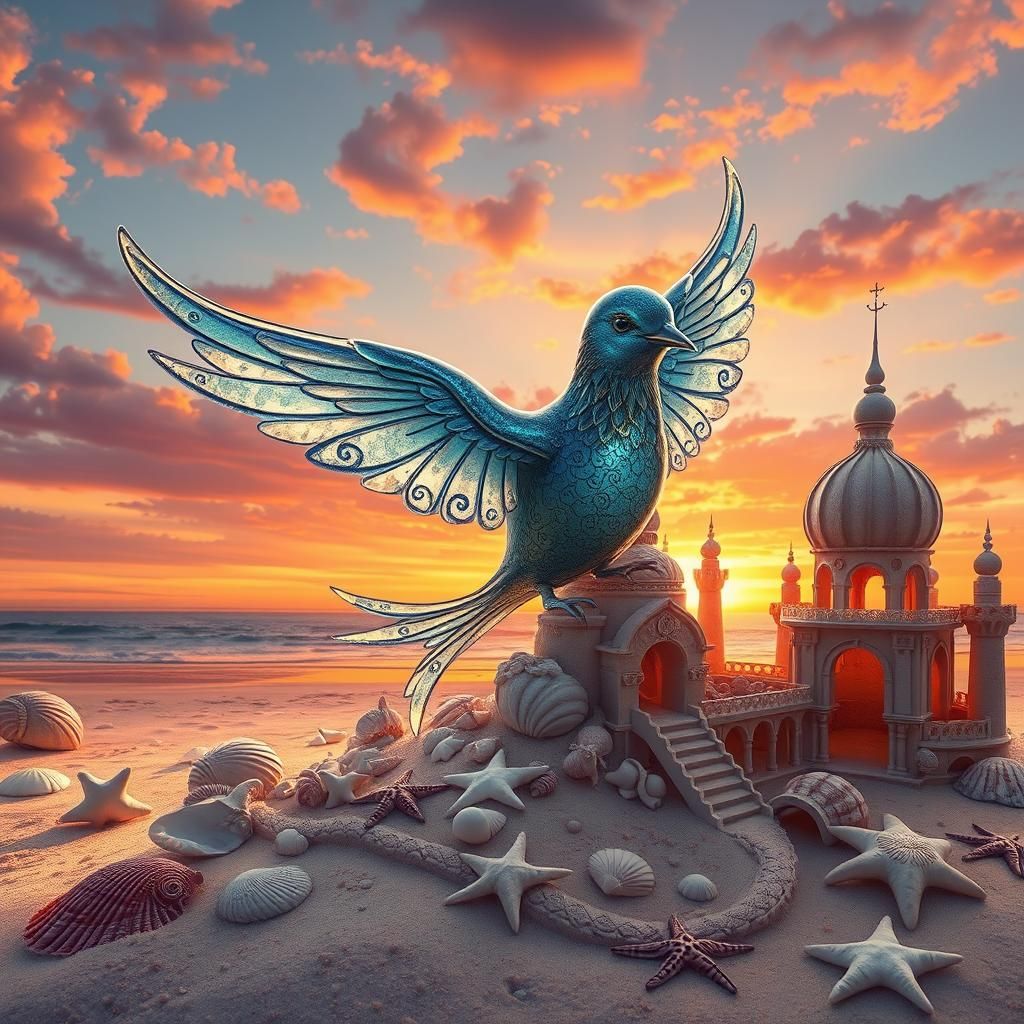 Glass Bird Shatters Sand Palace at Sunset