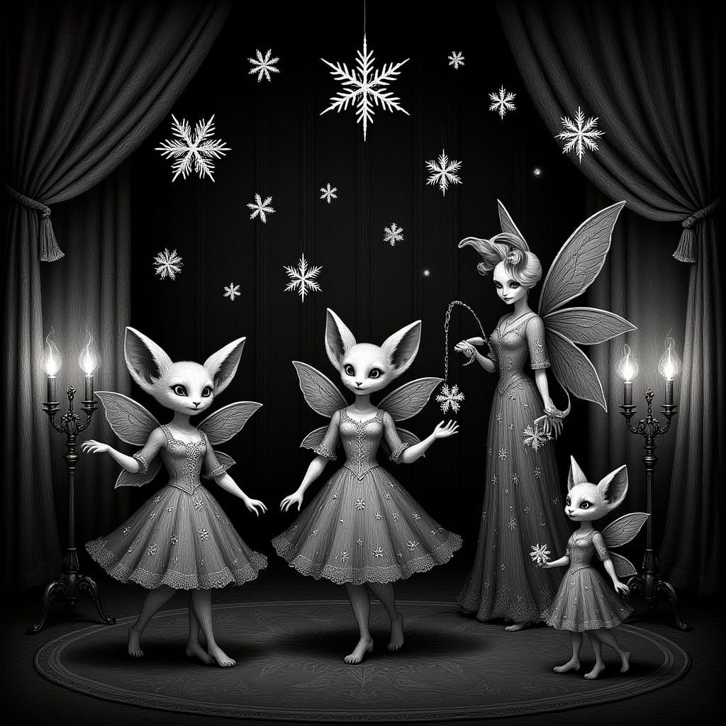 Eerie Ballroom with Kitten Fairies in Edward Gorey Style