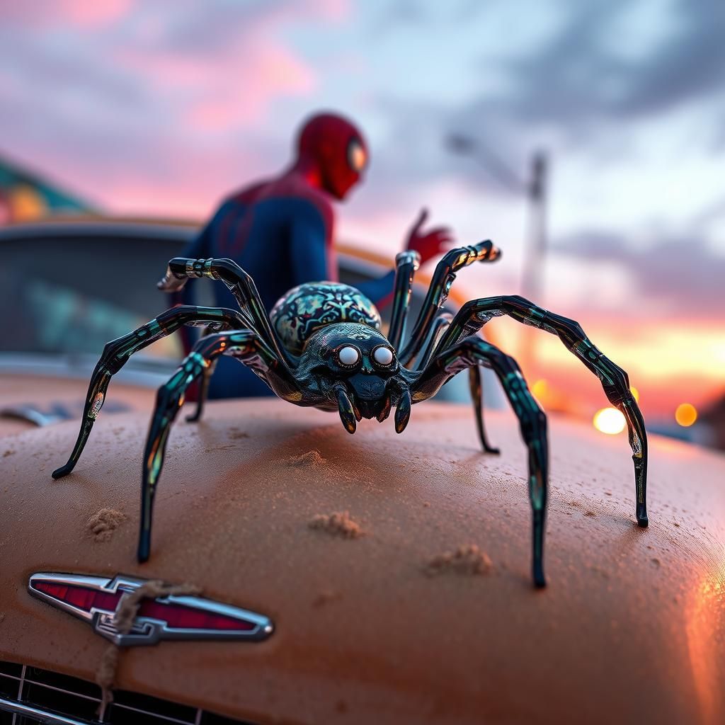 Enameled Glass Spider on Vintage Car in Dreamscape