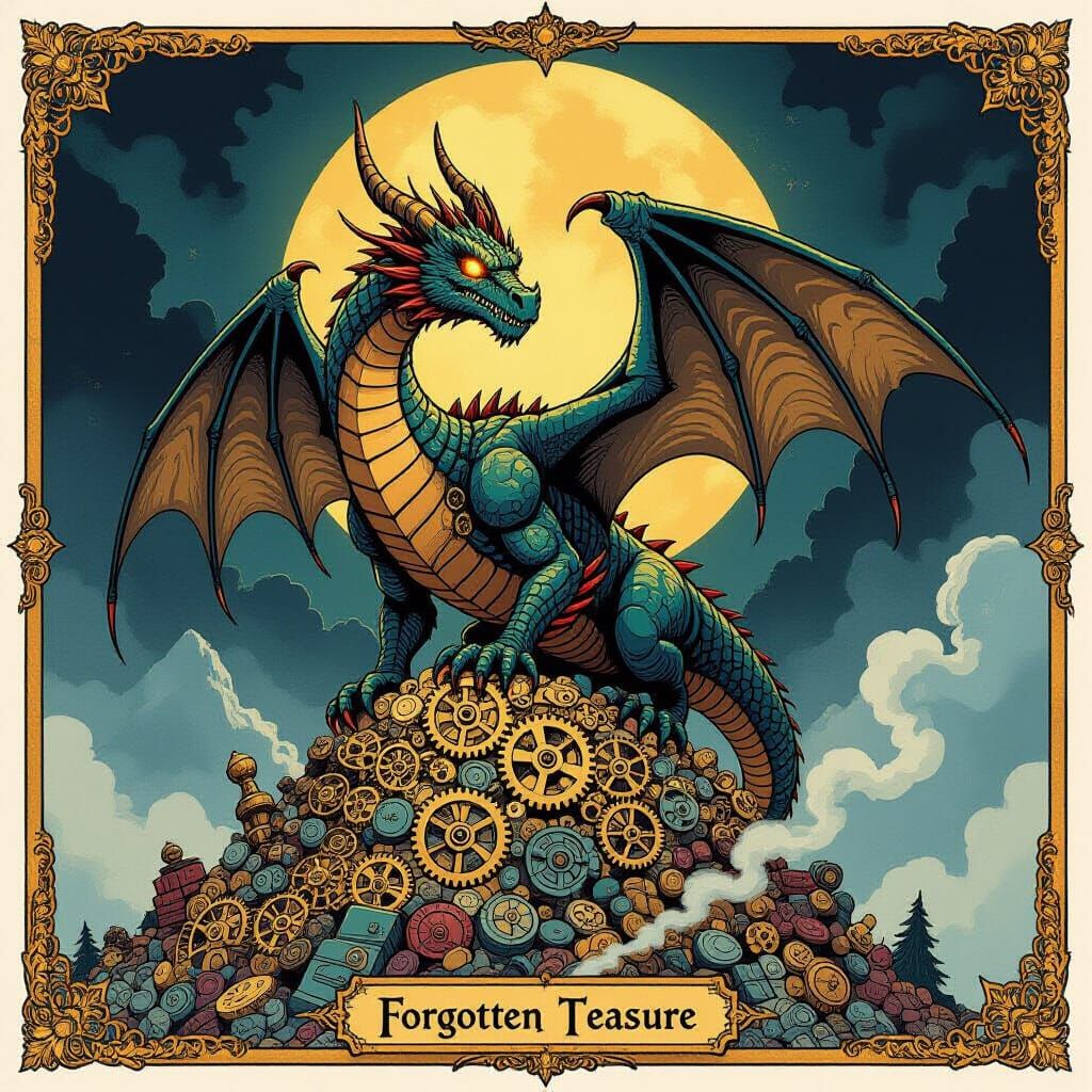 Clockwork Dragon Guarding Treasure in Ink Illustration Style