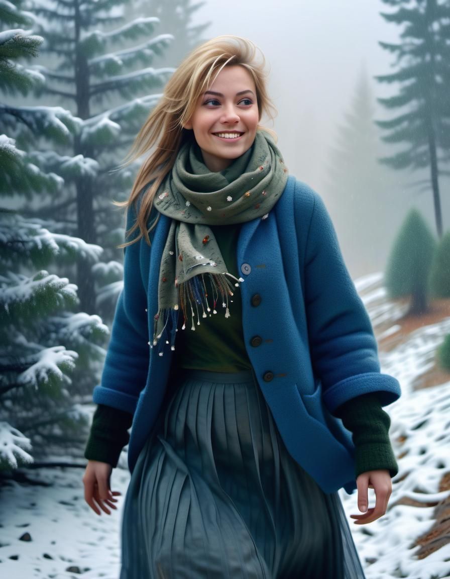 Close-up of Woman with Lantern in Snowy Landscape