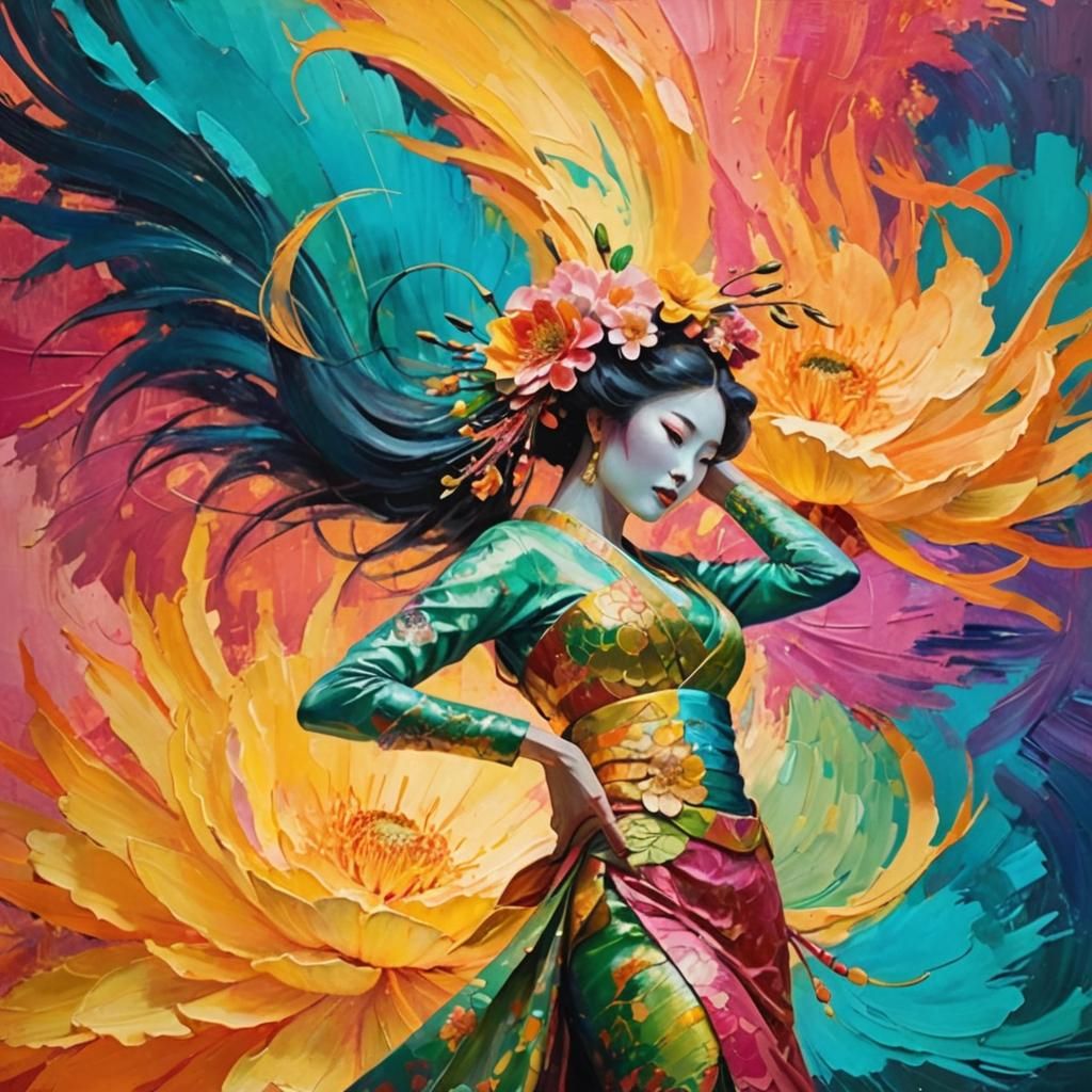 Geisha Woman with Scaly Skin in Abstract Expressionism