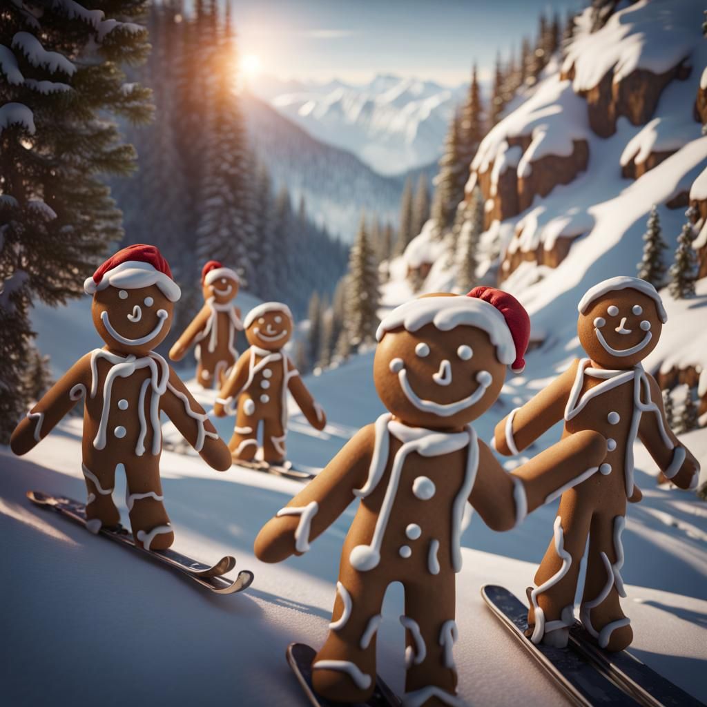 Gingerbread Men Skiing: Detailed Matte Painting