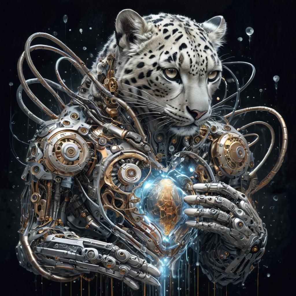 Snow Leopard Cyborg Holding Mechanical Heart