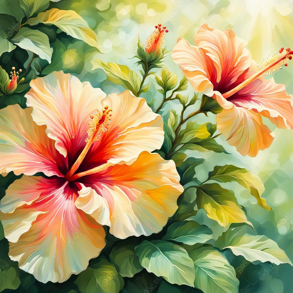 Hibiscus Flower in Lush Garden: Impressionist Painting