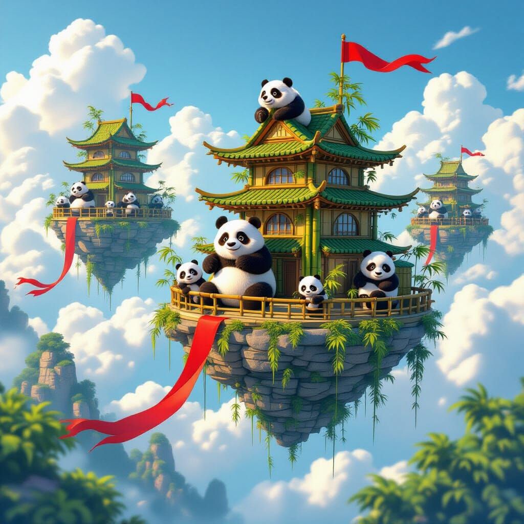 Cute Pandas on Floating Islands in Pixar Style