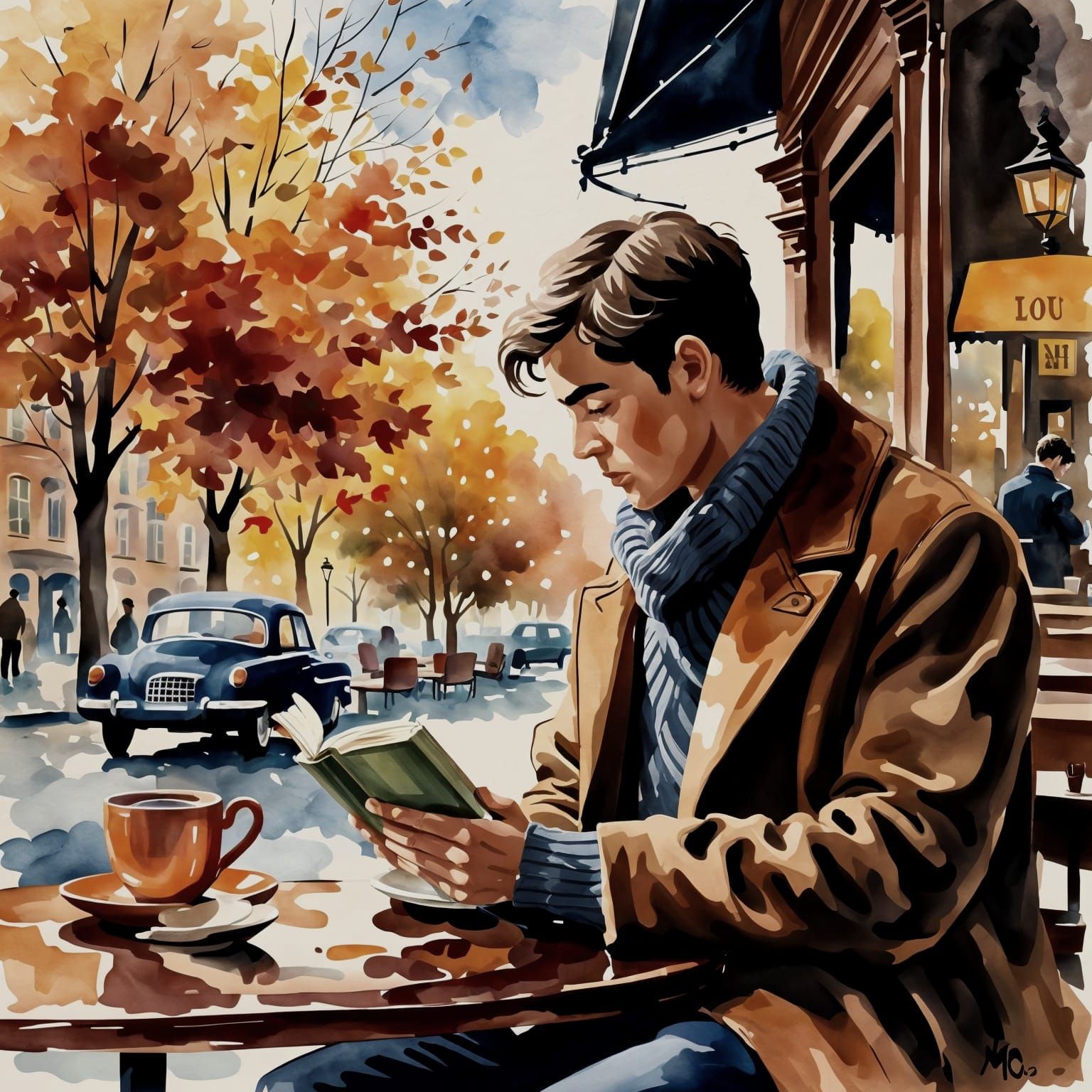 Autumn Cafe Scene with Reader in Watercolor Ink