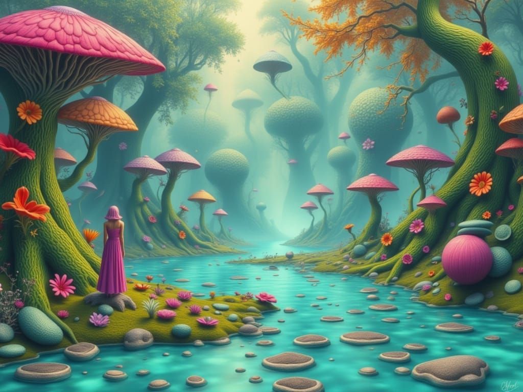 Dreamlike River Landscape with Serene Woman