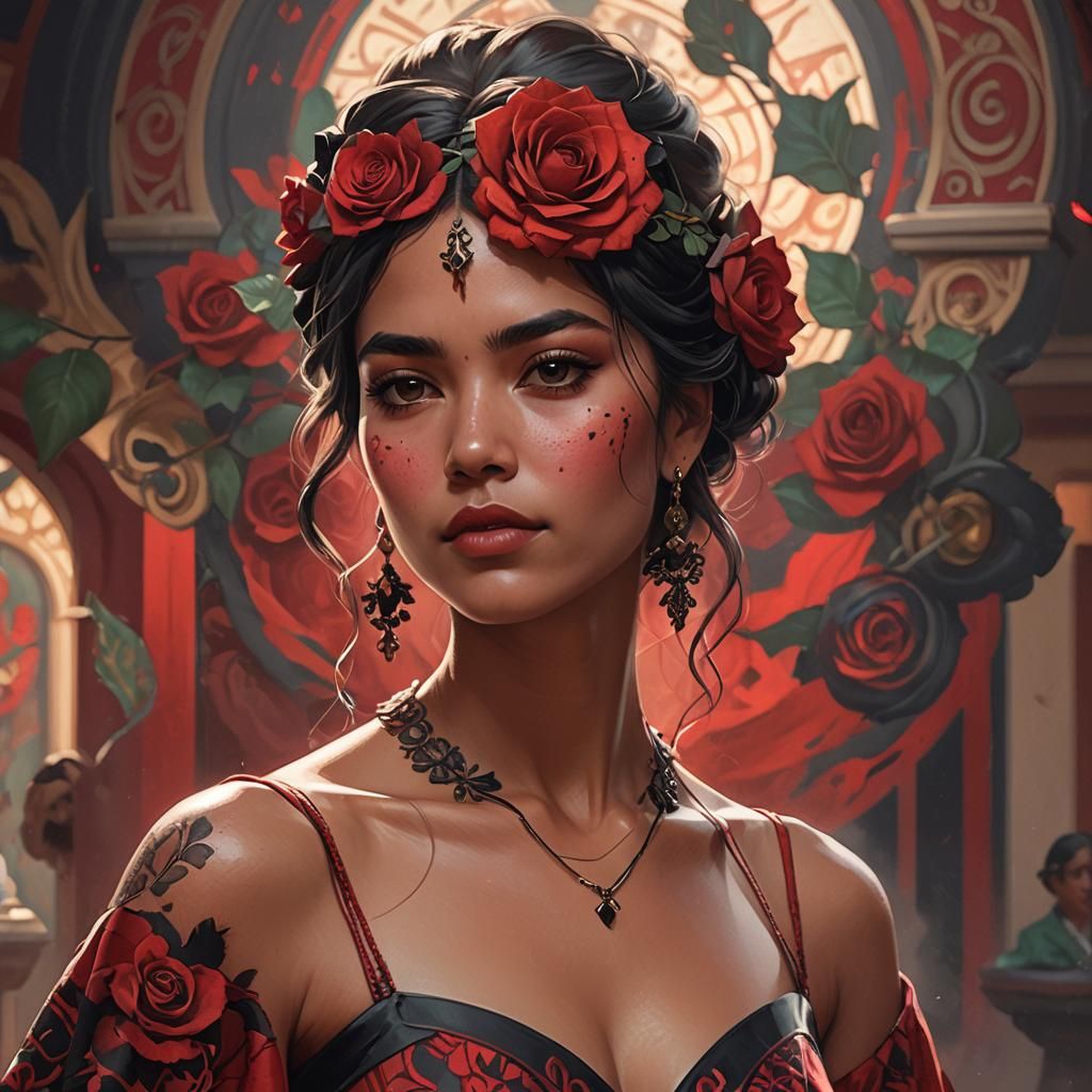 Mexican Woman in Red Dress: Hyperdetailed Portrait