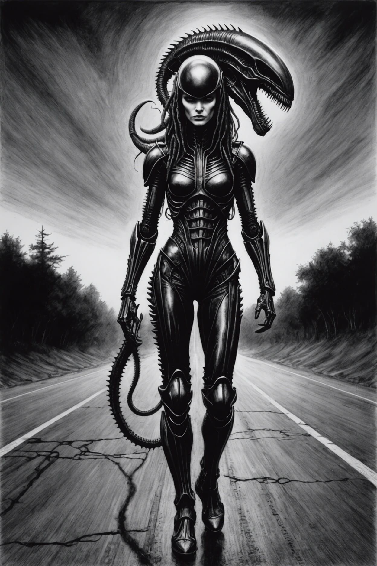 Sapphic Xenomorph: A Charcoal Fantasy Drawing