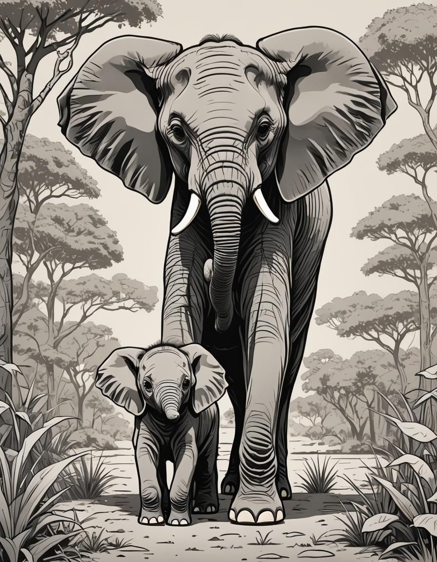 Playful Mother and Baby Elephant in Comic Style