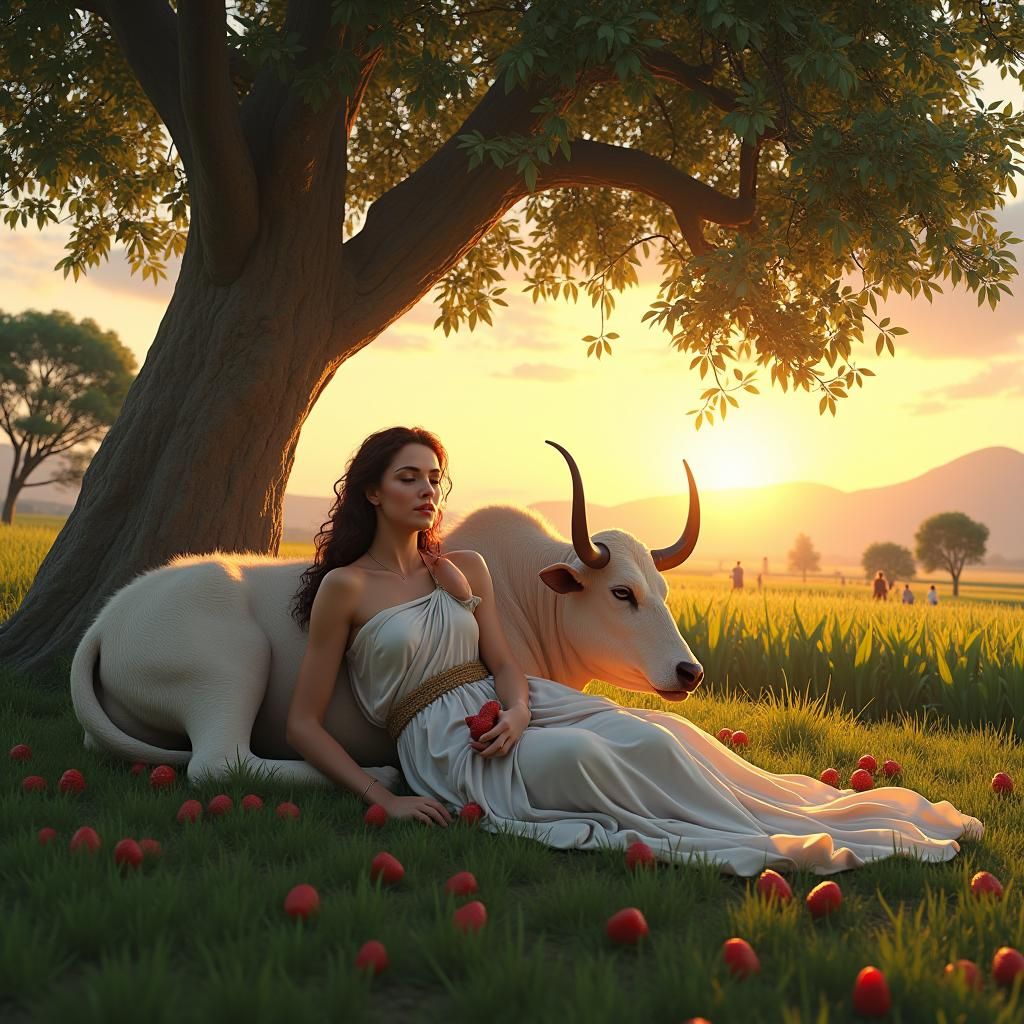 Greek Woman Enjoys Strawberries in Golden Sunset Light