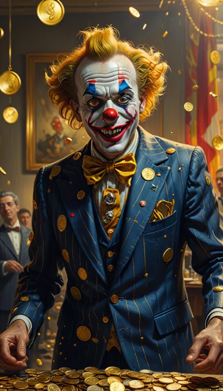 Clown Juggling Gold Coins: Surreal Satirical Oil Painting