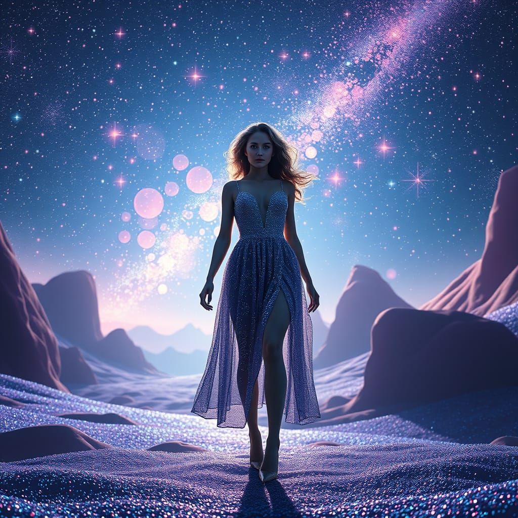Whimsical Woman in Futuristic Glitter Landscape