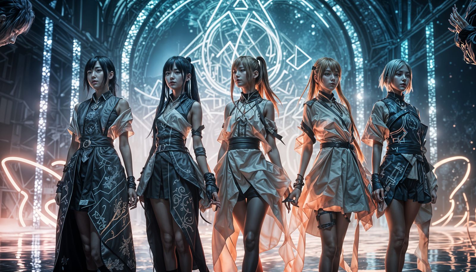Ethereal Kpop Girl Group Concept Art in Cyberpunk Aesthetic