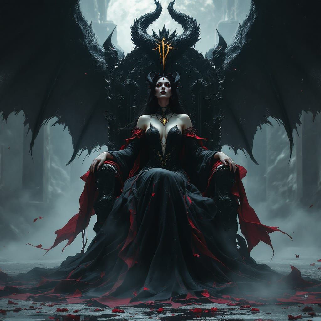 Dark Goddess Lilith in Gothic Throne, Anime Style
