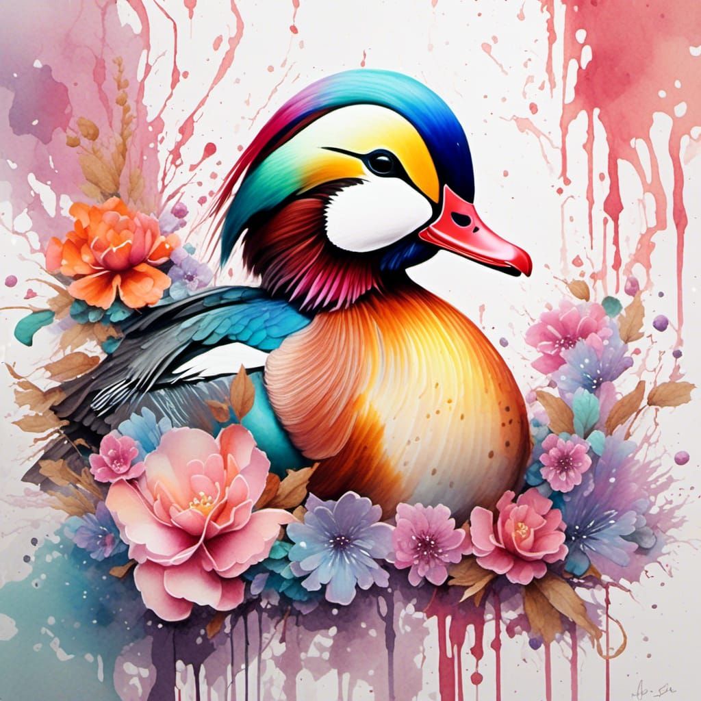 Pastel Mandarin Duck Watercolor Fantasy Artwork