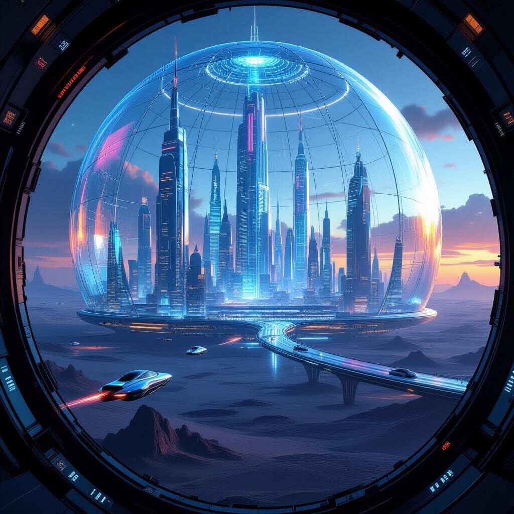 Futuristic Cityscape Inside Glass Domes Above Alien World