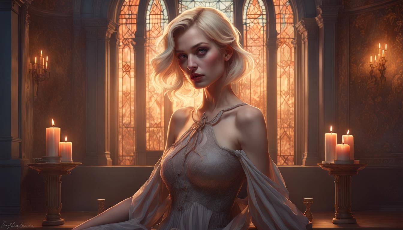 Sensual Blonde in Gothic Room with Candlelight