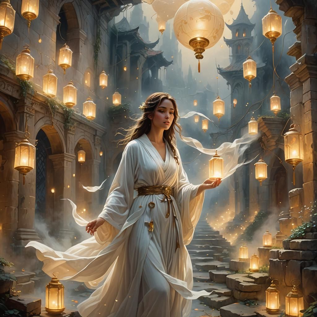 Ethereal Woman in Ruins with Lanterns