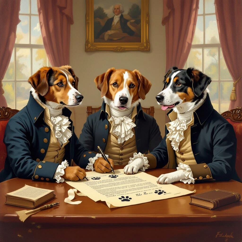 Founding Fathers as Dogs Signing Constitution