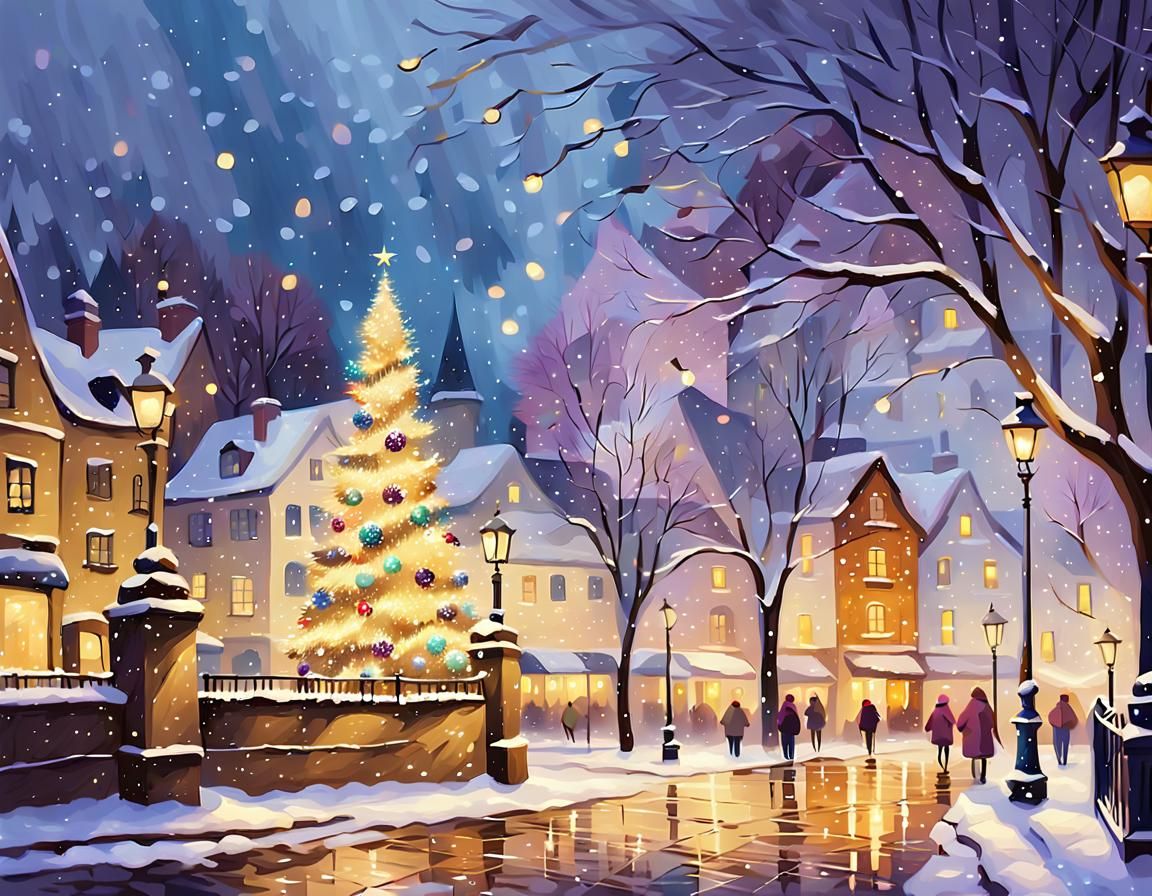Snowy Town Square Christmas Impressionist Painting
