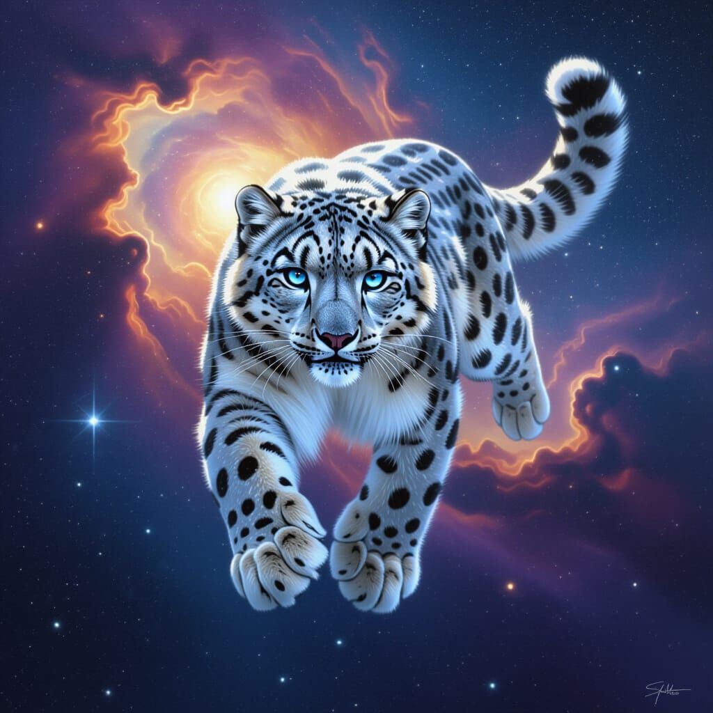 Snow Leopard Soars Through Nebula in Dark Fantasy Style