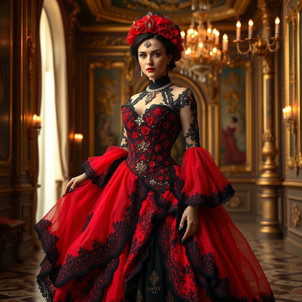 Victorian Woman in Red Gown Art Nouveau Style