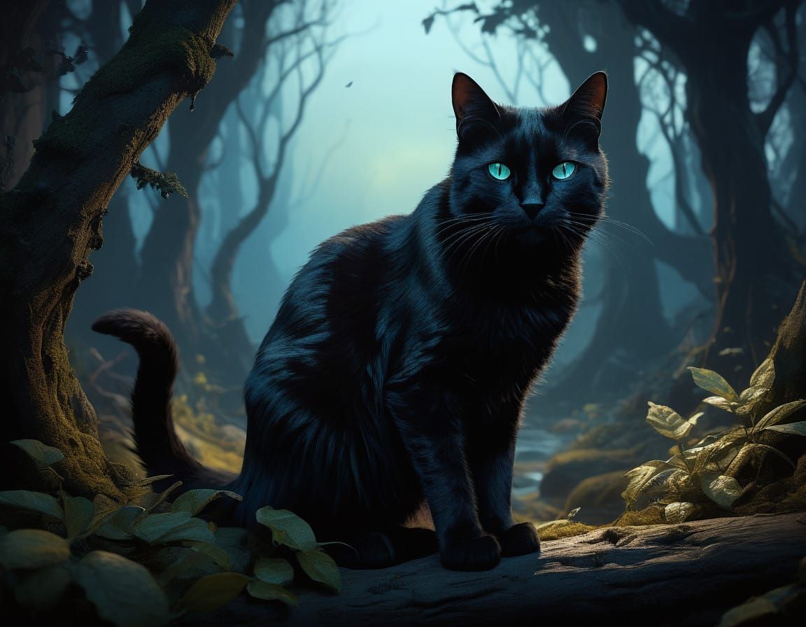 Mysterious Black Cat Prowls Under Moonlit Forest