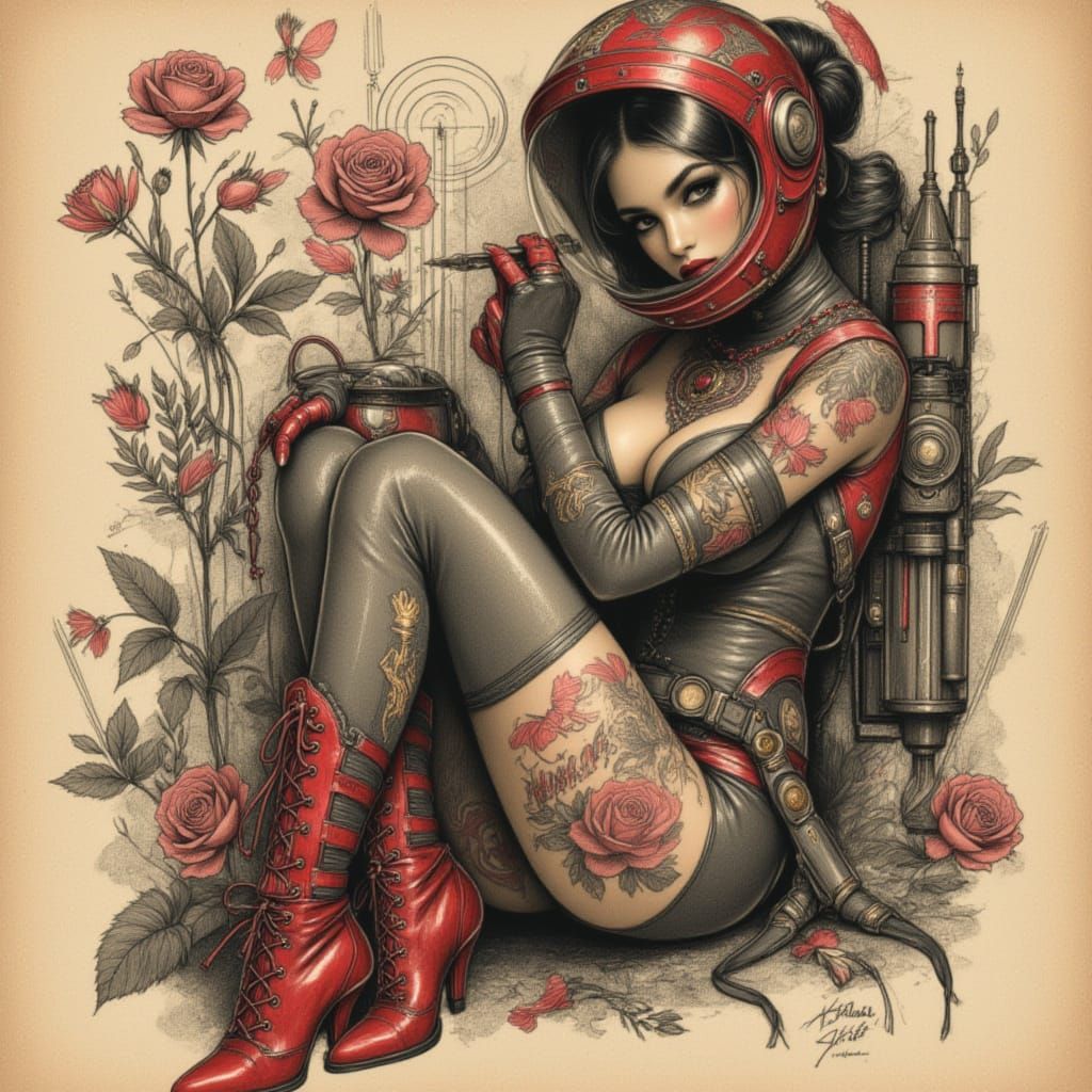 Retro Space Girl in Tattoo Art Nouveau Style