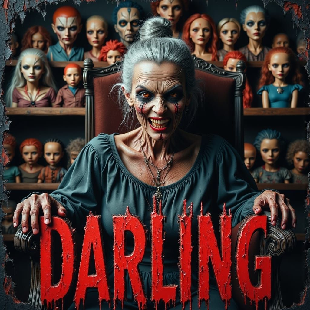 Creepy Grandmother with Dolls in Dark Marble Aesthetic