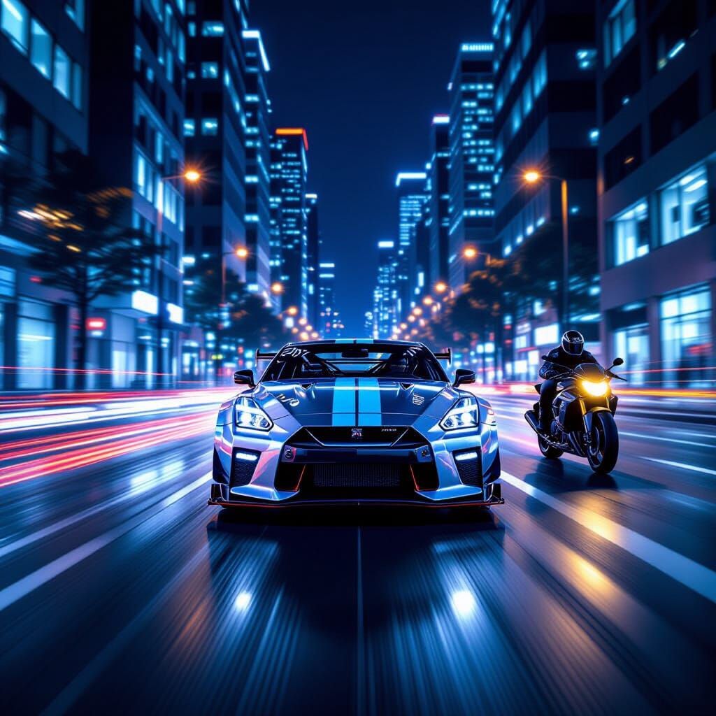 Silver Sports Car Speeds Down City Street at Night