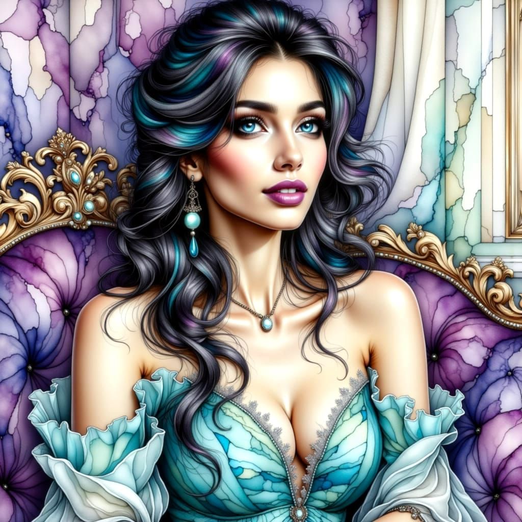 Elegant Woman in Soft Aqua Dress with Plum Chaise