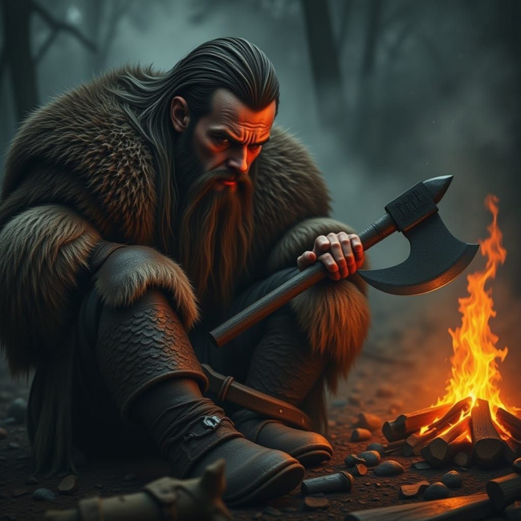 Viking Warrior Sharpens Axe by Campfire in Mist