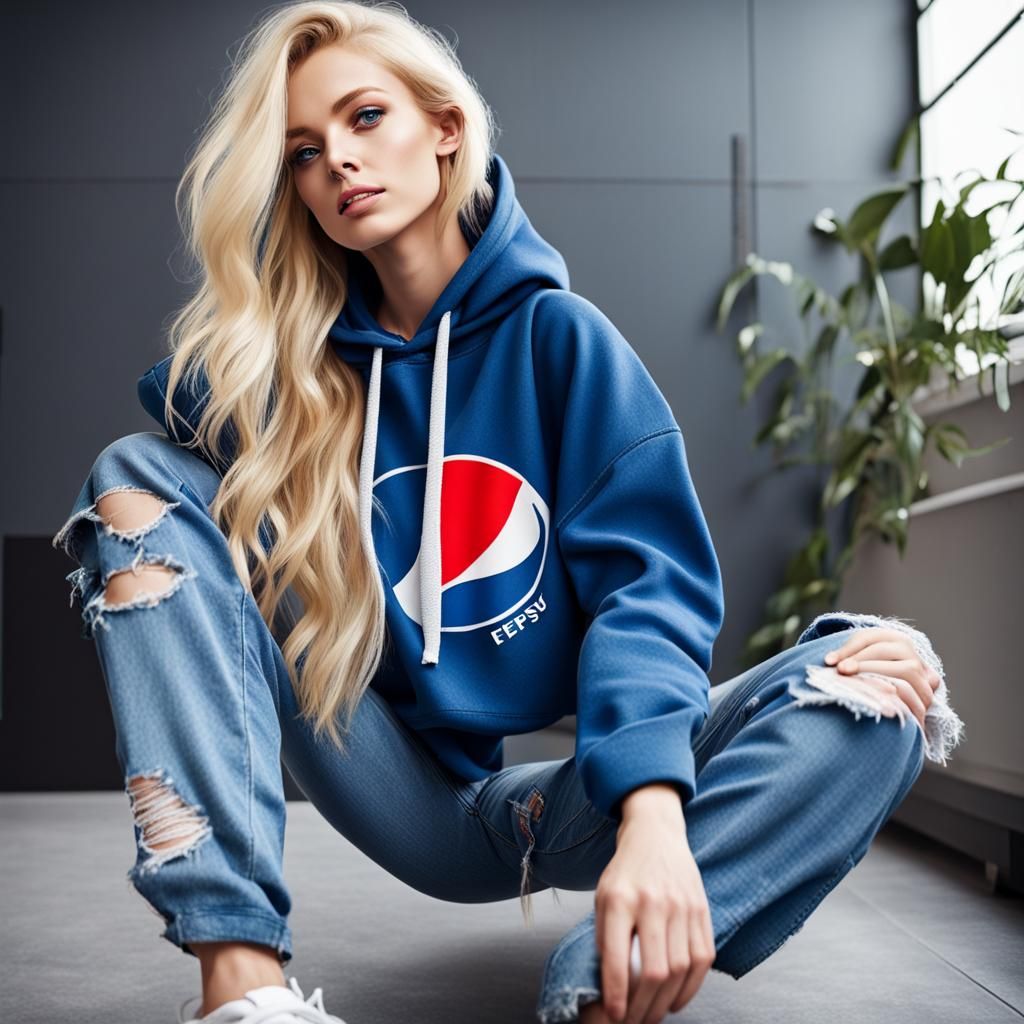 Blonde Girl in Blue Hoodie and Ripped Jeans