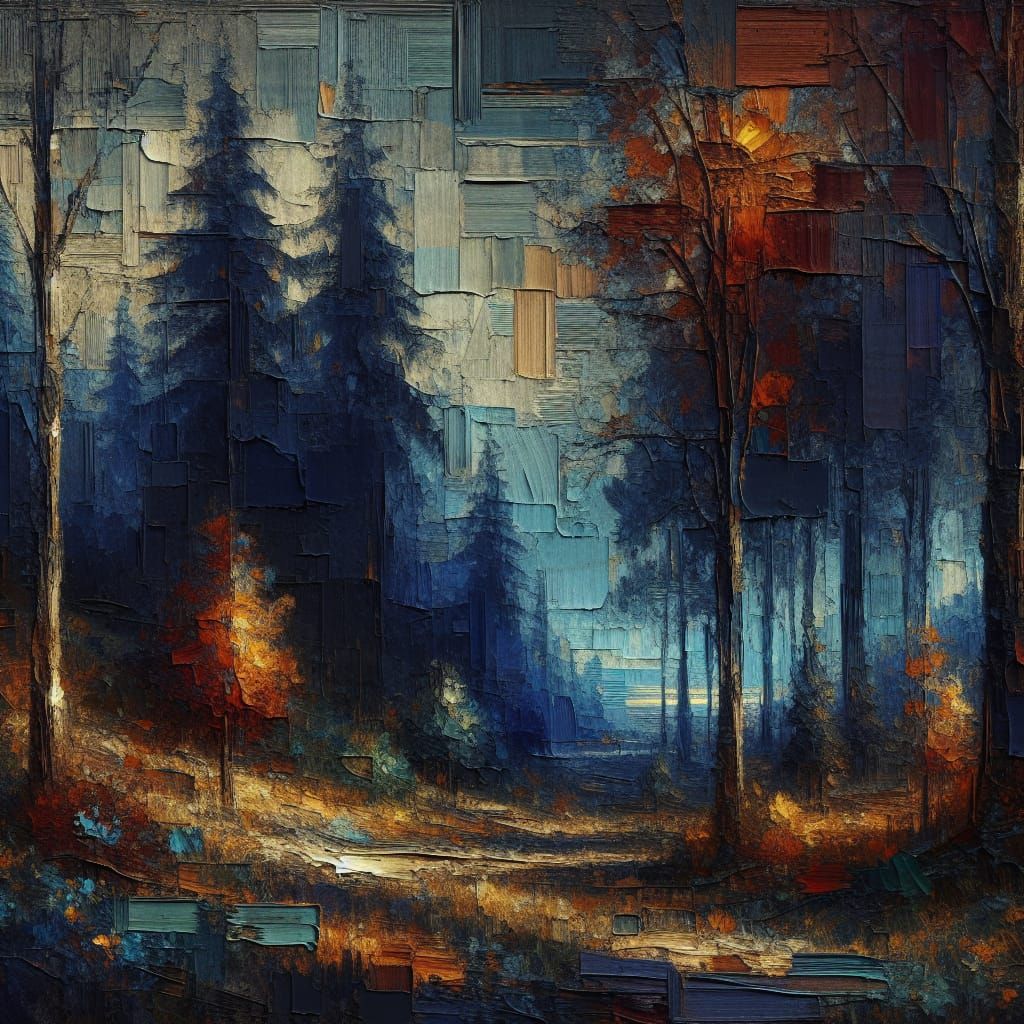 Autumn Forest Oil Painting with Blue Tones and Raw Textures